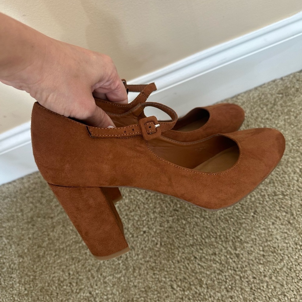 BAMBOO Brown Block Heel Mary Janes